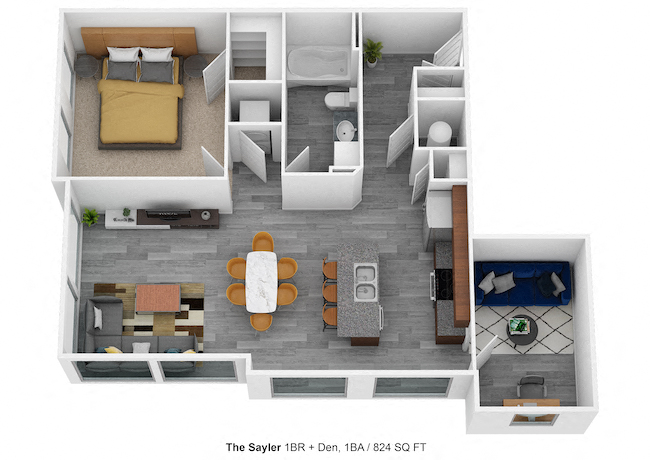 Floor plan for 1 bed, 1 bath, 824 sqft